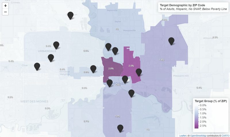 Pantry visitor density mapped across the Des Moines metro