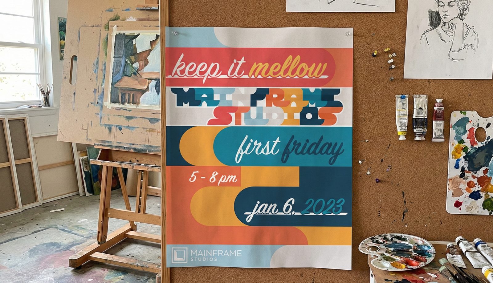 Mockup of the poster in a studio environment.