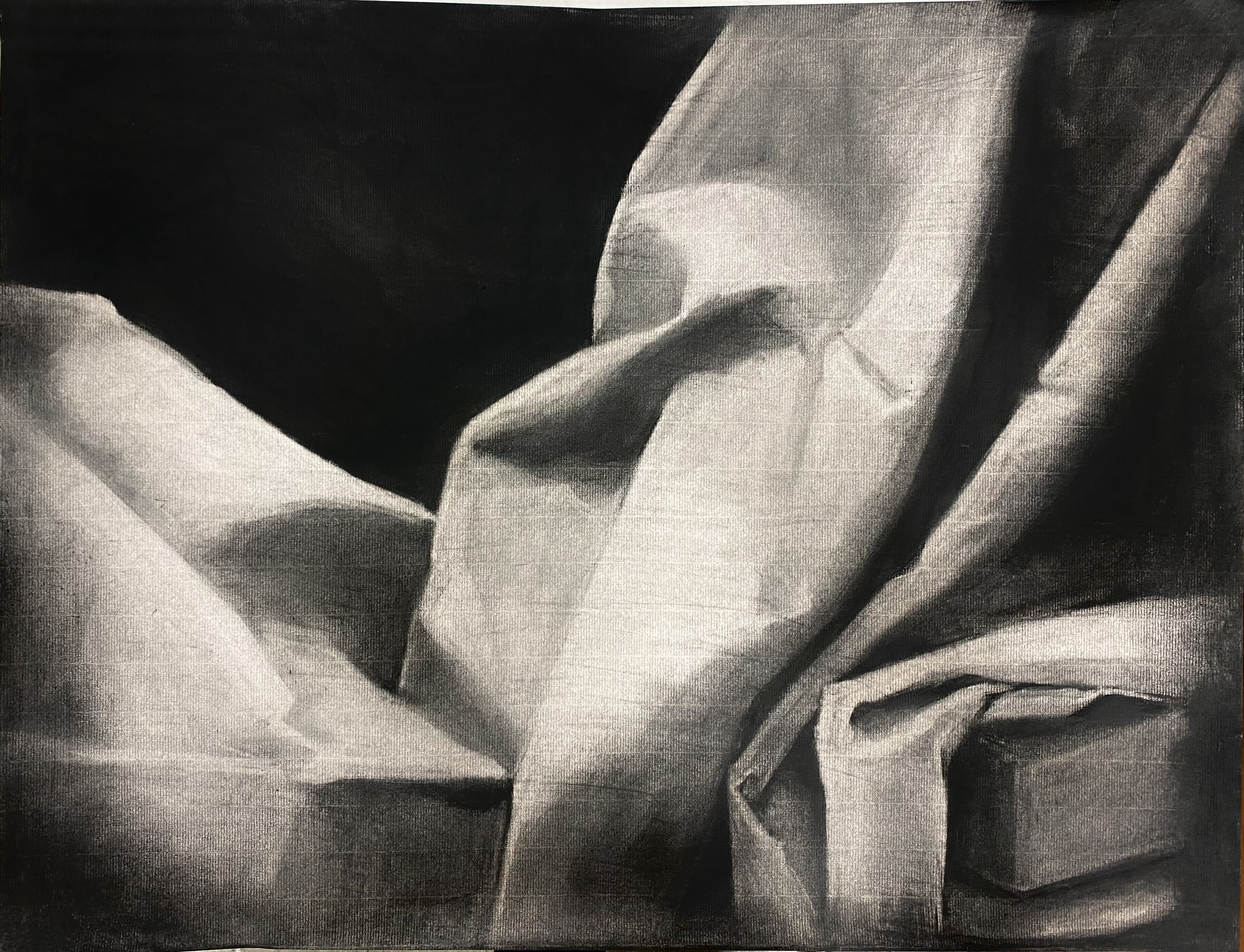 Cloth Vignette, Drawing cloth from sight using charcoal paints reductively. [18 x 25 in.]. Featured at the Drake University Anderson Gallery 52nd Annual Juried Student Exhibition in March 2023.