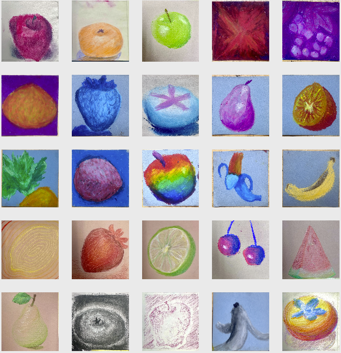 25 Fruits, Color & abstraction w/ mixed media. [4 x 4 in.]