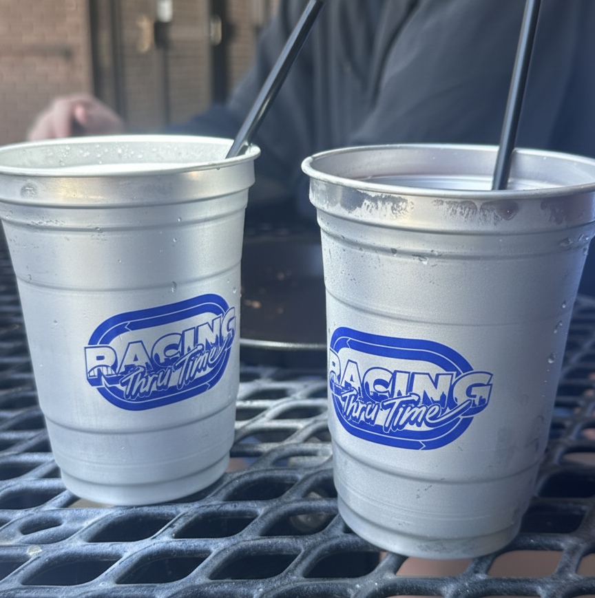 Merchandise application on steel cups handed out at events.
